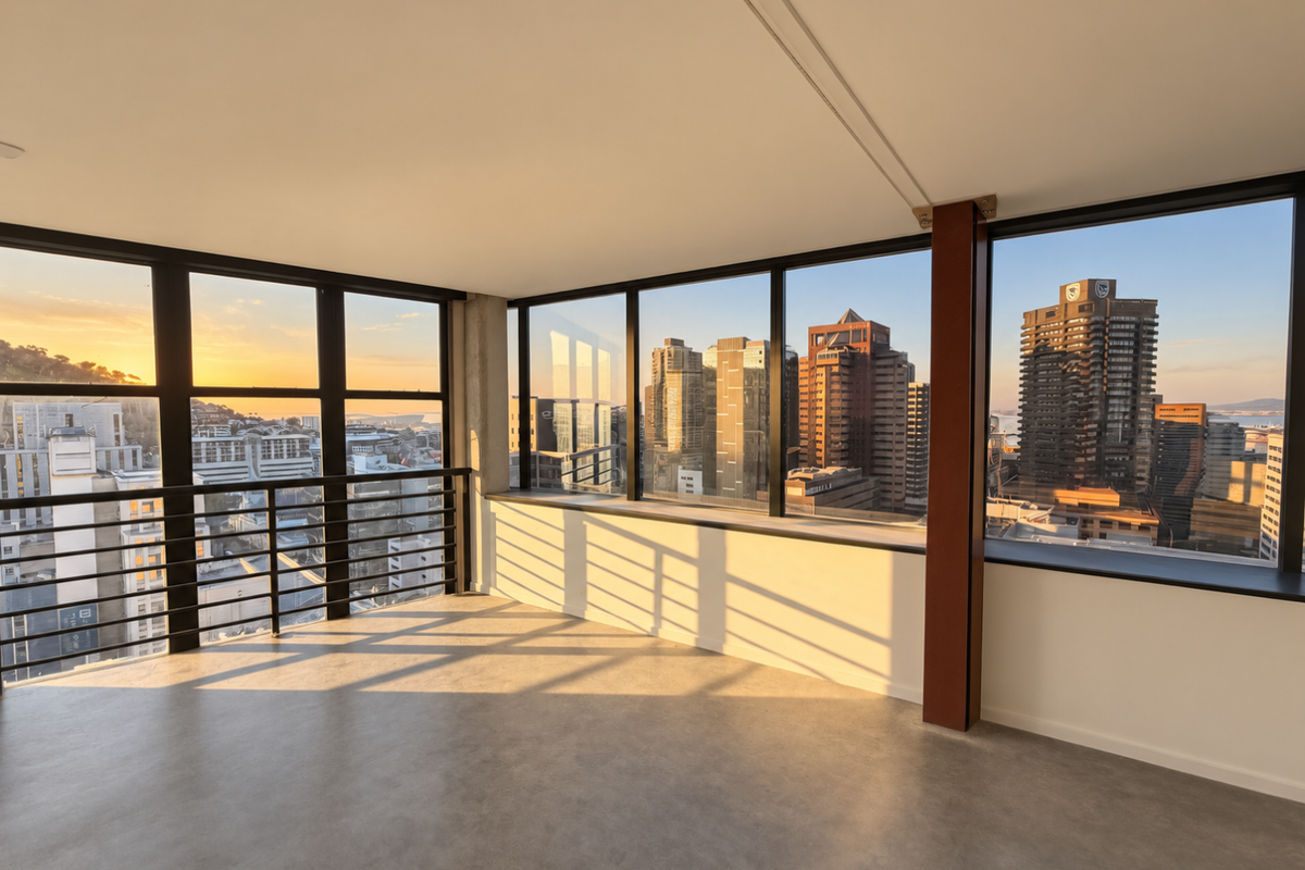 A bright, empty living area featuring expansive floor-to-ceiling windows with panoramic city views and modern concrete flooring.