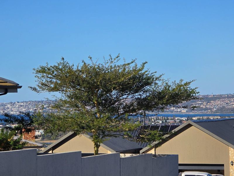 A scenic elevated view overlooking a residential neighborhood with coastal landscape in the distance.