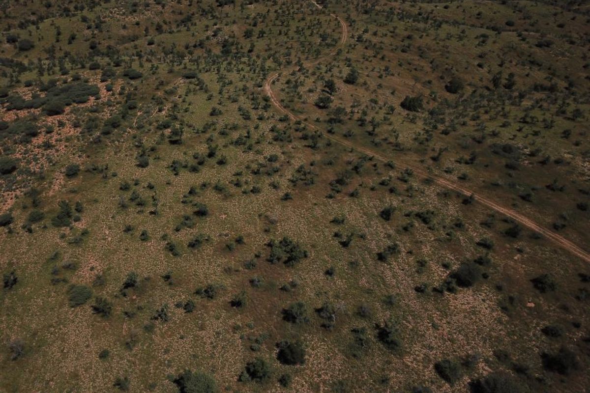 An aerial view of a large, undeveloped residential land plot featuring natural vegetation and a dirt access track.