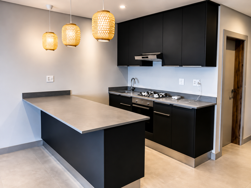 Modern kitchen featuring sleek black cabinetry, stainless steel countertops, integrated gas hob, oven, and extractor fan with stylish pendant lighting.