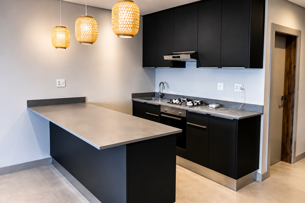 Modern kitchen featuring sleek black cabinetry, stainless steel countertops, integrated gas hob, oven, and extractor fan with stylish pendant lighting.