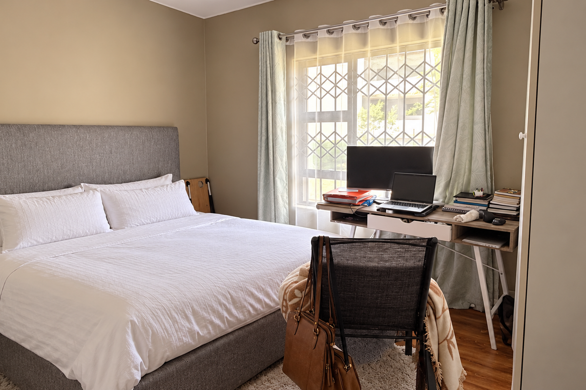 A well-maintained bedroom featuring laminate flooring, a built-in wardrobe, and a window fitted with a security gate.