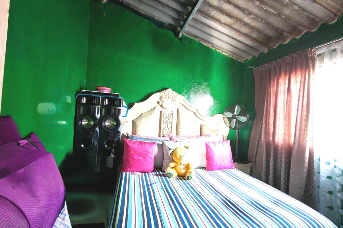 A bedroom featuring exposed corrugated roof sheeting and timber rafters, requiring cosmetic updates to improve the overall finish and aesthetic appeal.