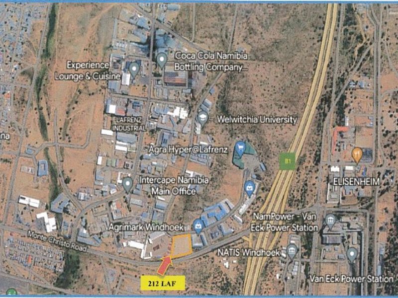 An aerial map view showing the location of the commercial vacant land plot in the Lafrenz industrial area.