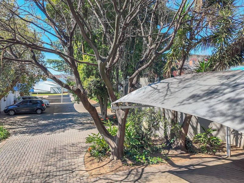 A paved office driveway featuring a shade cloth carport, mature landscaping, and perimeter walling, providing convenient off-street parking access.