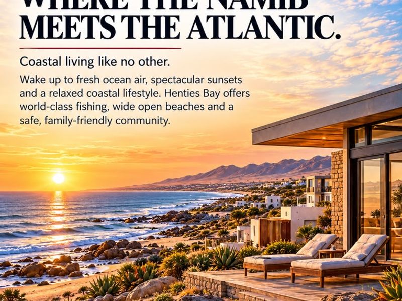 Promotional marketing material for a residential land development in Henties Bay, featuring coastal landscape imagery.