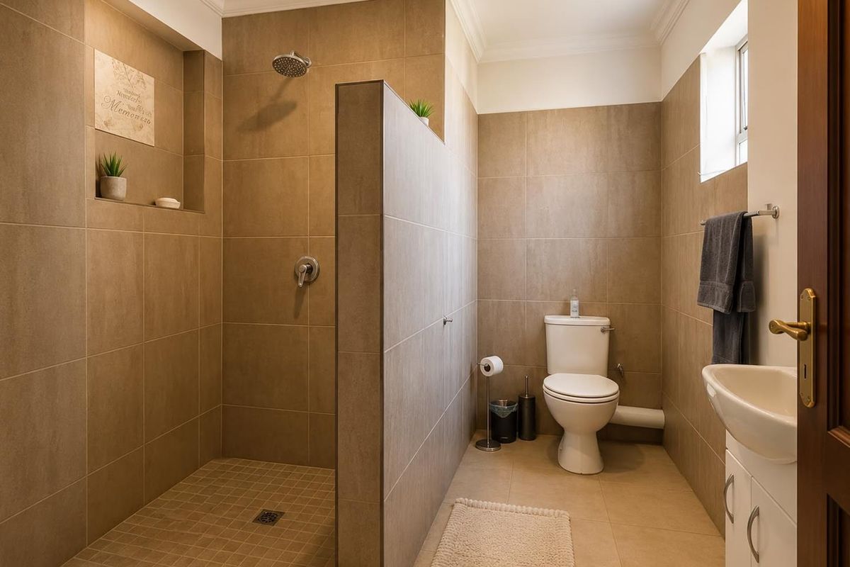 Modern bathroom featuring a walk-in shower with a built-in niche, a toilet, and a vanity basin, finished with neutral floor-to-ceiling tiling.