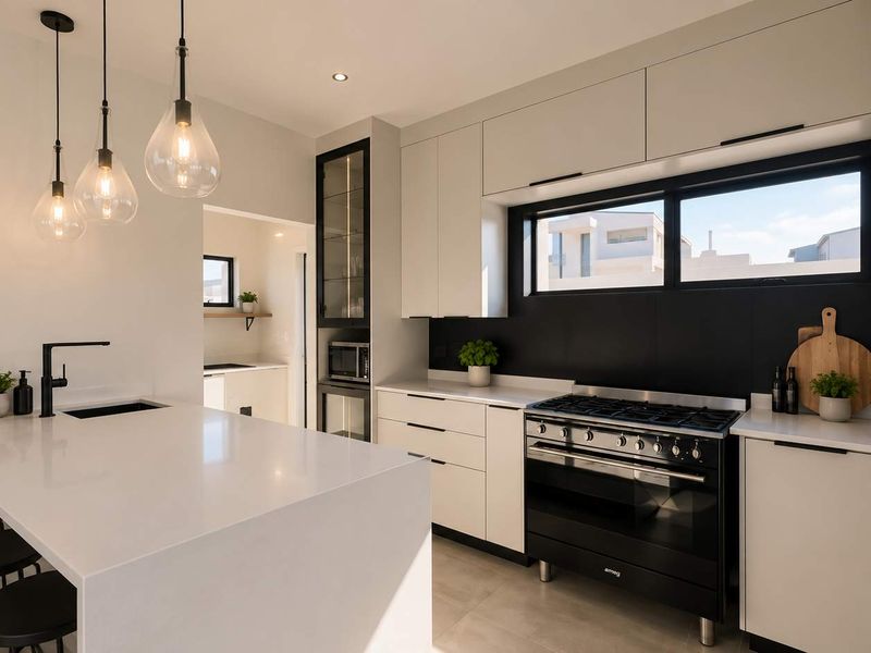Modern kitchen featuring sleek white cabinetry, quartz countertops, a black gas range, and a central island with an undermount sink.