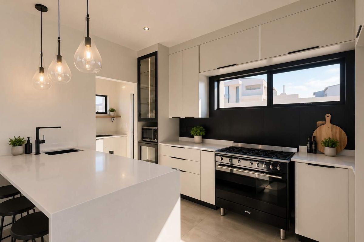Modern kitchen featuring sleek white cabinetry, quartz countertops, a black gas range, and a central island with an undermount sink.