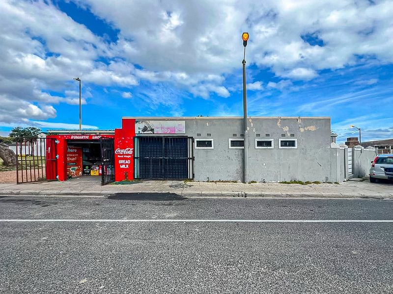 Front exterior view of a commercial property featuring a security gate, boundary wall, and street-facing facade with visible wear.