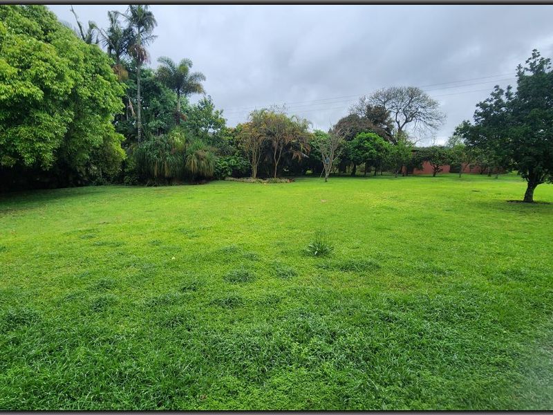 A spacious, well-maintained garden area featuring expansive green lawns and a variety of mature trees, offering a peaceful outdoor setting.