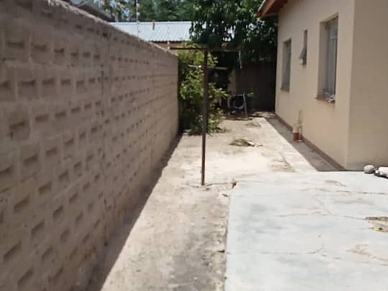 A narrow rear exterior side passage featuring a concrete walkway, boundary wall, and access to the side of the house.