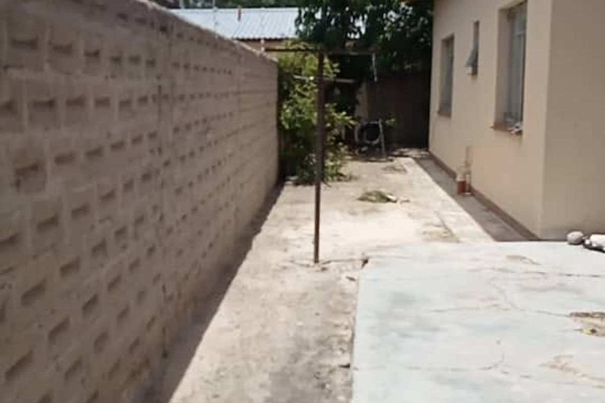 A narrow rear exterior side passage featuring a concrete walkway, boundary wall, and access to the side of the house.