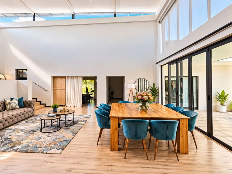 Spacious open-plan living and dining area featuring high ceilings, abundant natural light from clerestory windows, and large sliding doors opening to the pool area.