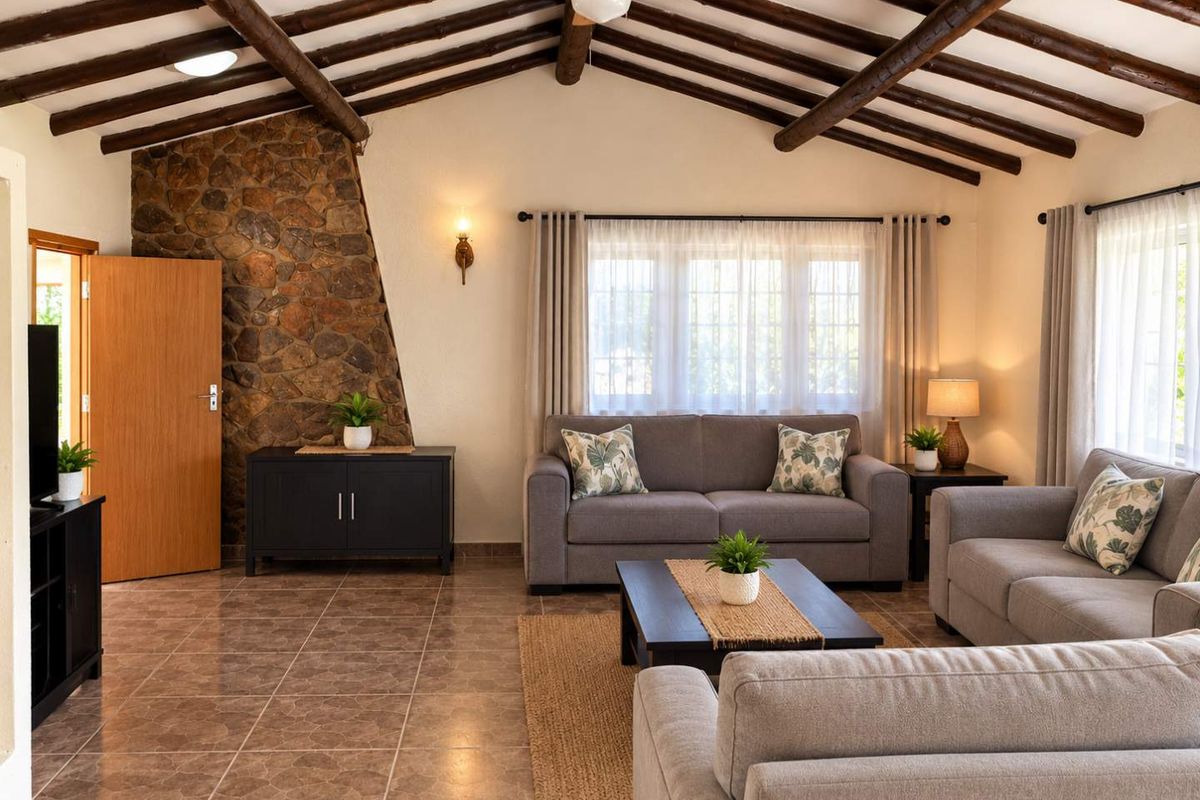 Spacious living room featuring exposed timber ceiling beams, a rustic stone feature wall, and durable tiled flooring, creating a warm and inviting atmosphere.