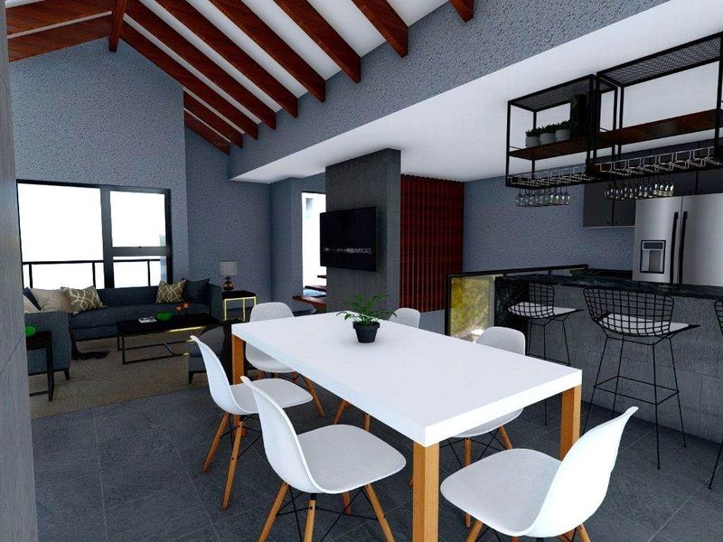 Modern open-plan living and dining area featuring a vaulted ceiling with exposed timber beams, tiled flooring, and a contemporary kitchen with a breakfast bar.