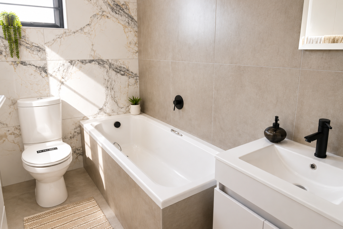 Modern bathroom featuring a built-in bathtub, wall-mounted matte black faucet, contemporary toilet, and a sleek vanity with a basin.