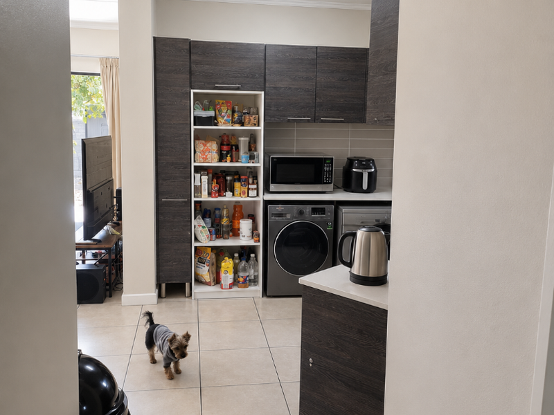 A functional kitchen area featuring dark wood-grain cabinetry, tiled flooring, and built-in appliances, providing a clean and practical workspace.