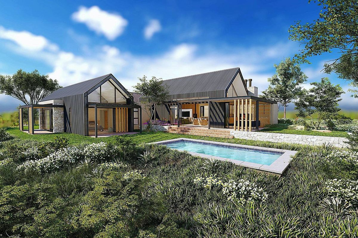 A high-quality architectural rendering of a modern residential property featuring a swimming pool, landscaped garden, and contemporary building design.