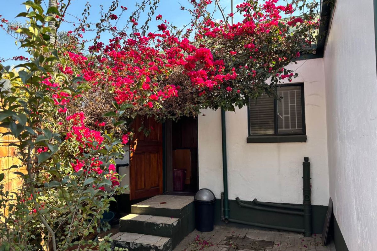 A rear exterior view of the townhouse featuring a paved courtyard, concrete steps, and established bougainvillea over the entrance.