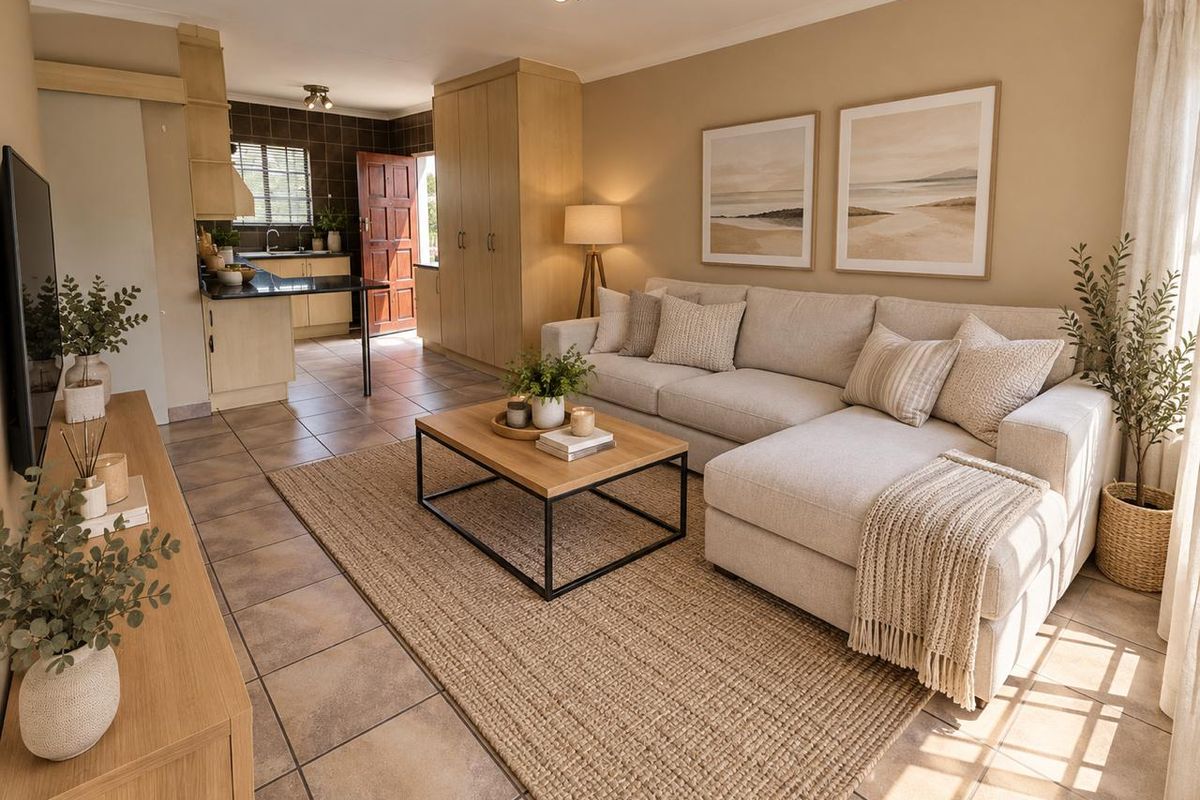 An open-plan living area featuring tiled flooring, integrated kitchen cabinetry, and built-in storage, creating a cohesive and functional space.