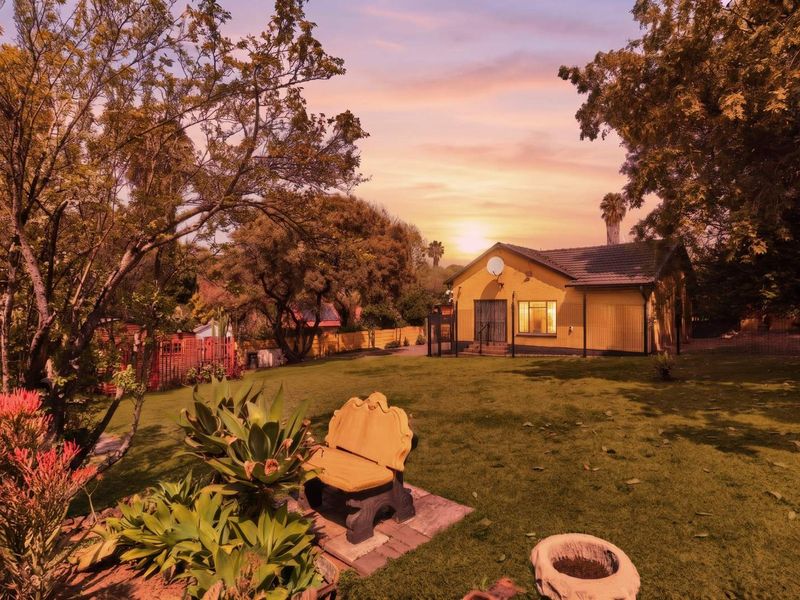 A view of the rear elevation of the house featuring a spacious lawn, mature trees, and established garden landscaping at sunset.