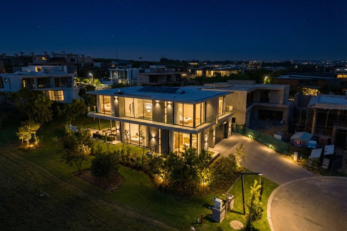 Stunning aerial night view of a modern two-story luxury residence featuring expansive glass facades, integrated solar panels, and manicured landscaping in a premium estate.