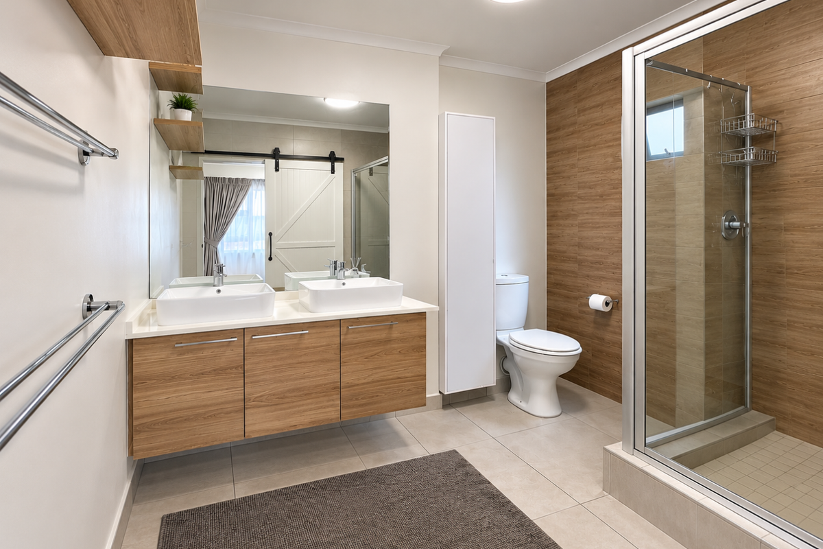 Modern bathroom featuring a double vanity with wood-finish cabinetry, a glass-enclosed shower with wood-look tiling, and a clean, contemporary design.