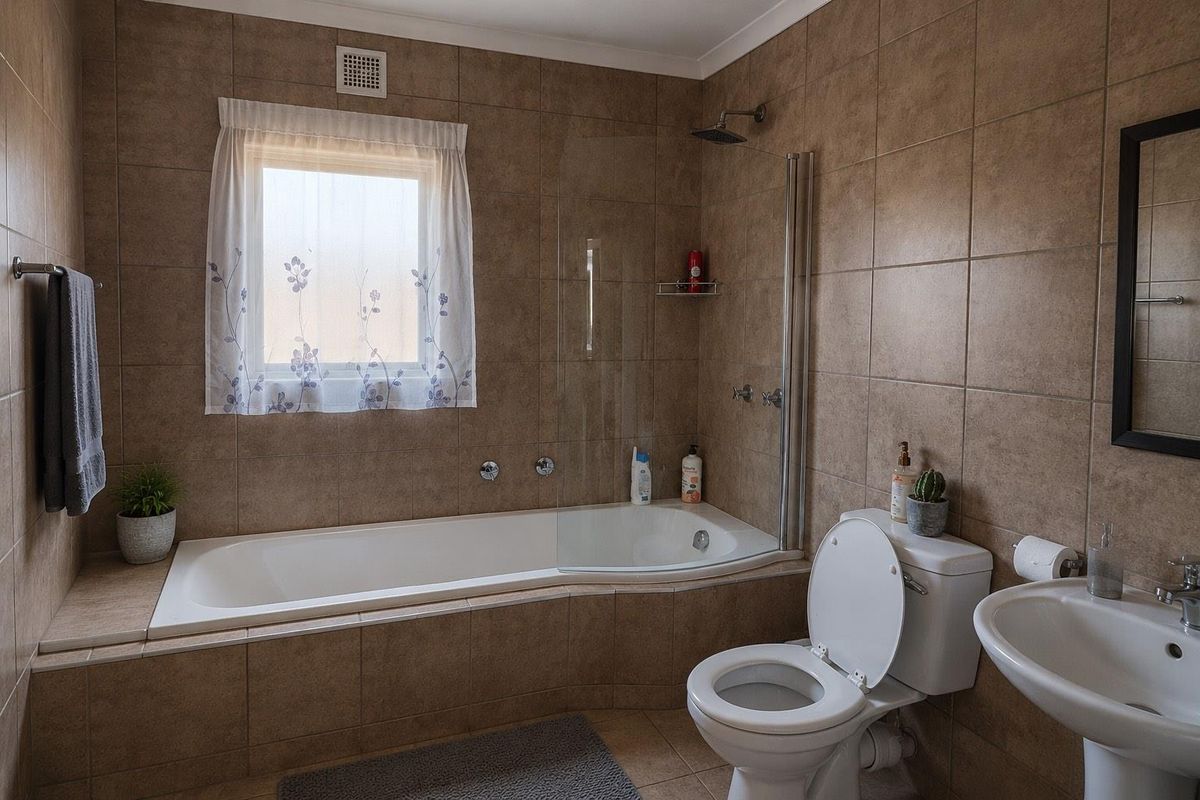 A functional bathroom featuring a built-in bathtub with a glass shower screen, pedestal sink, toilet, and neutral floor-to-ceiling wall tiling.