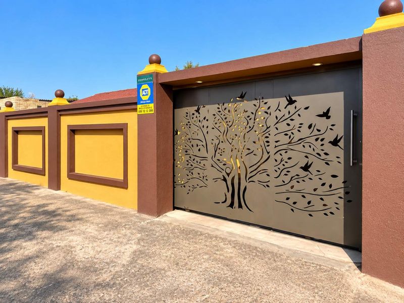 A well-maintained front boundary wall featuring a modern, decorative laser-cut metal gate with a tree and bird motif.