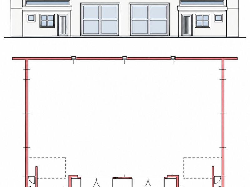 Architectural floor plan and elevation drawing showing the layout of an industrial unit with dual roller doors and integrated restroom facilities.