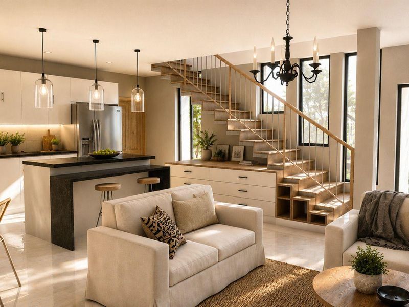 Modern open-plan living area featuring a sleek kitchen with island, integrated staircase storage, and abundant natural light through large glass doors.