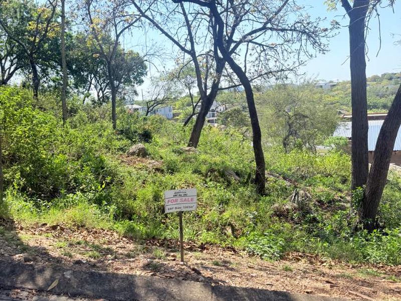 A view of a vacant residential plot featuring mature trees, sloped terrain, and a paved verge, ready for development.