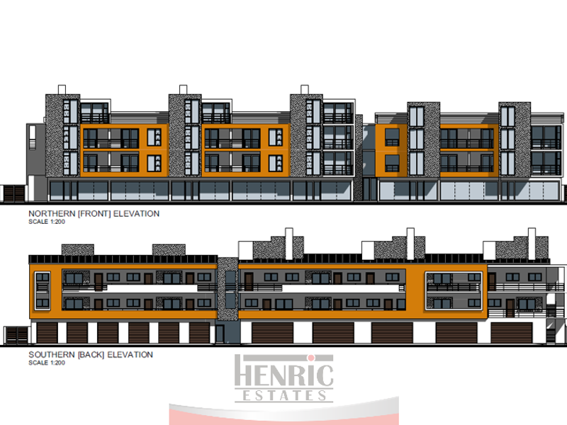 Architectural elevation drawing showing the northern front and southern back facades of the apartment complex.