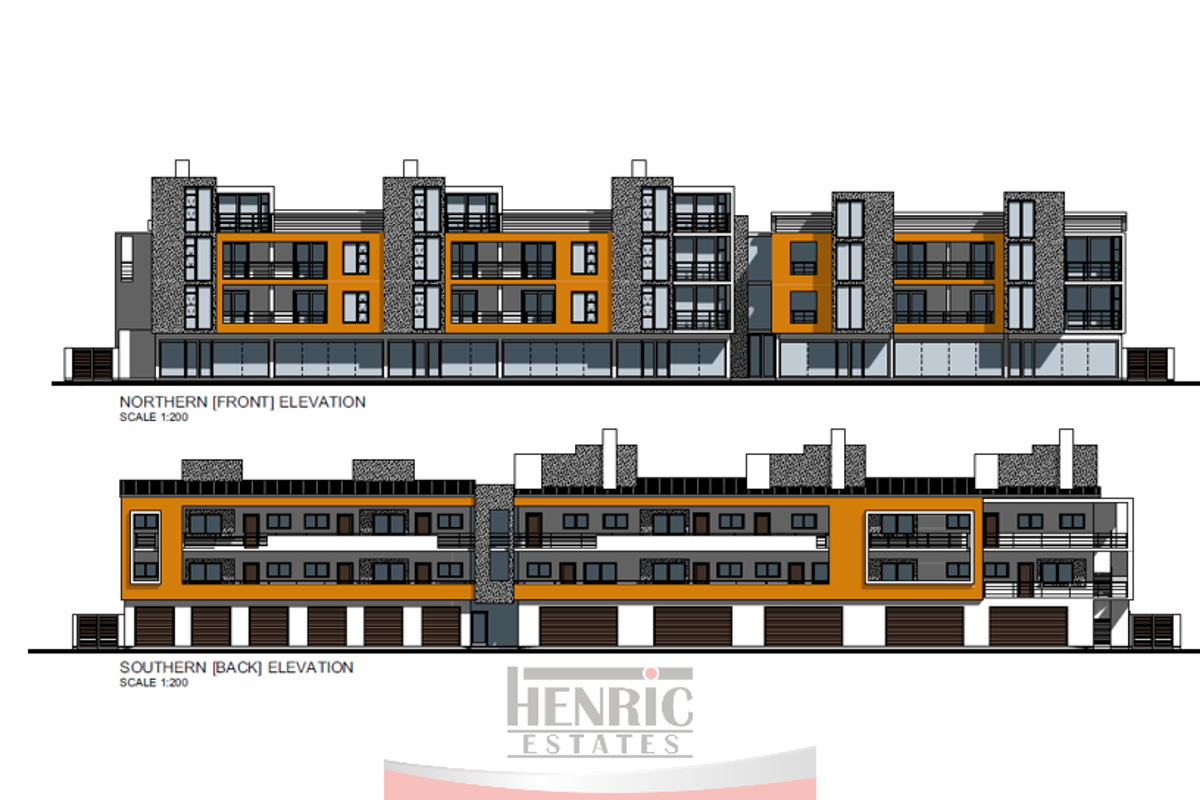 Architectural elevation drawing showing the northern front and southern back facades of the apartment complex.