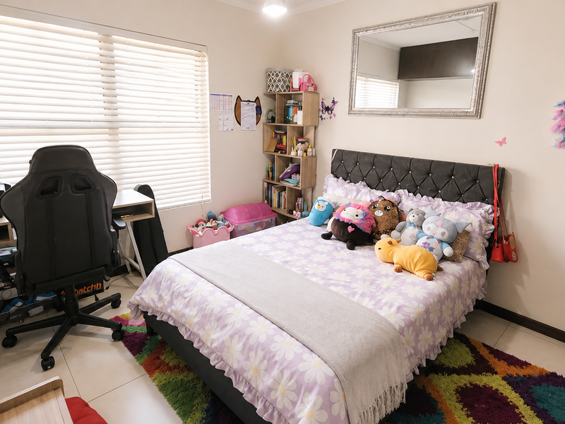 A well-maintained bedroom featuring tiled flooring, venetian blinds, and a built-in cupboard, providing a functional and comfortable living space.