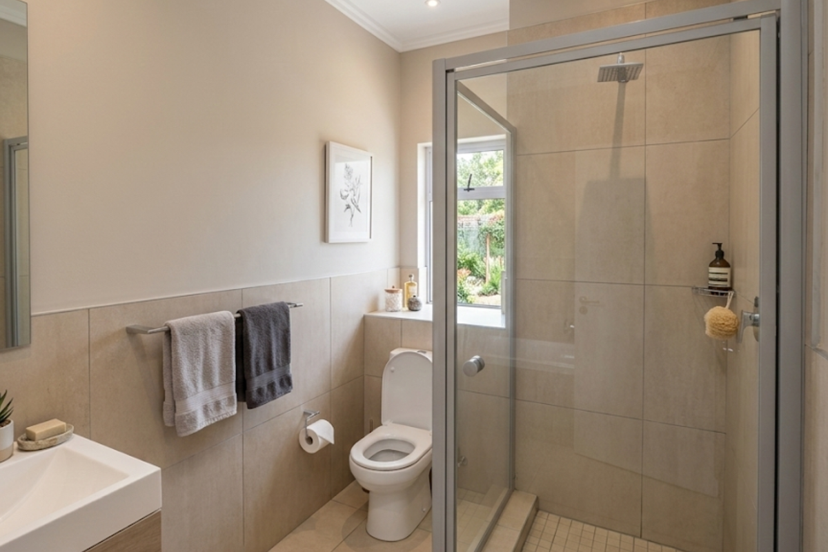 A modern, well-maintained bathroom featuring a glass-enclosed shower, neutral wall tiling, a contemporary vanity, and a window providing natural light.