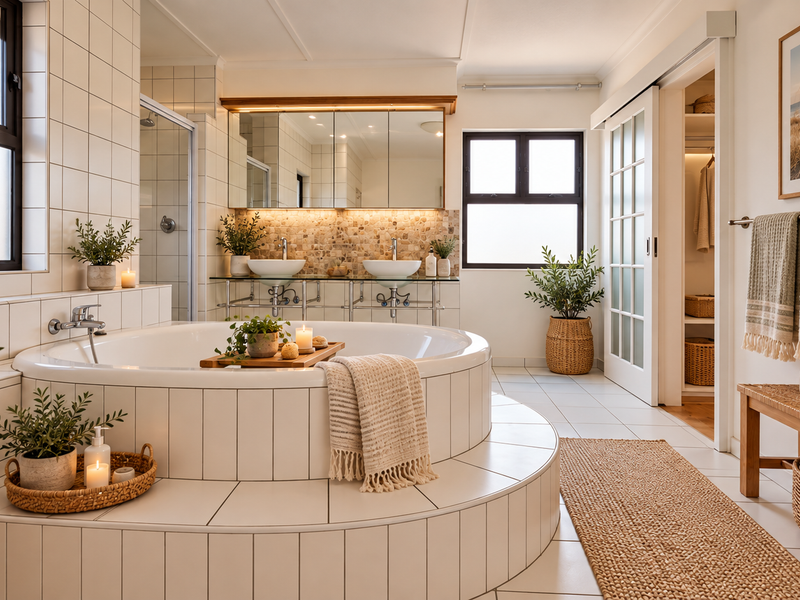 A bright, modern bathroom featuring a raised circular bathtub, double vanity with vessel sinks, and an integrated walk-in closet with sliding doors.