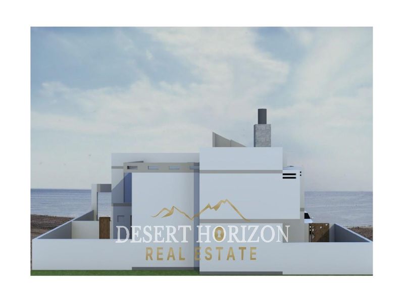 A 3D architectural rendering of a modern residential property exterior featuring a boundary wall and chimney, set against a coastal backdrop.