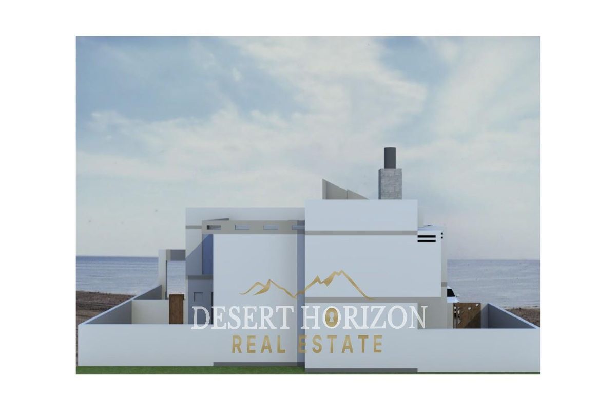 A 3D architectural rendering of a modern residential property exterior featuring a boundary wall and chimney, set against a coastal backdrop.