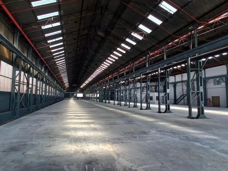 Expansive industrial warehouse space featuring a high-clearance steel portal frame, polished concrete flooring, and abundant natural light through integrated roof skylights.