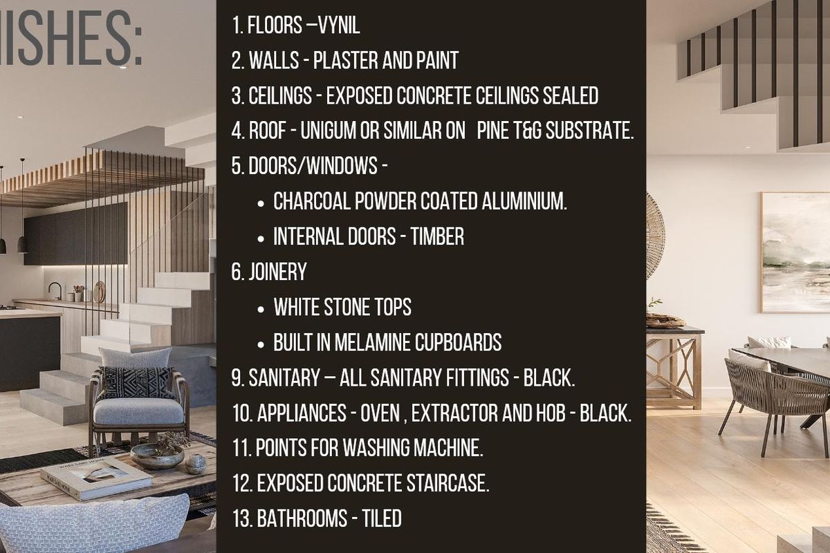 A modern open-plan living and kitchen area featuring an exposed concrete staircase, charcoal aluminium windows, and high-end black kitchen appliances.