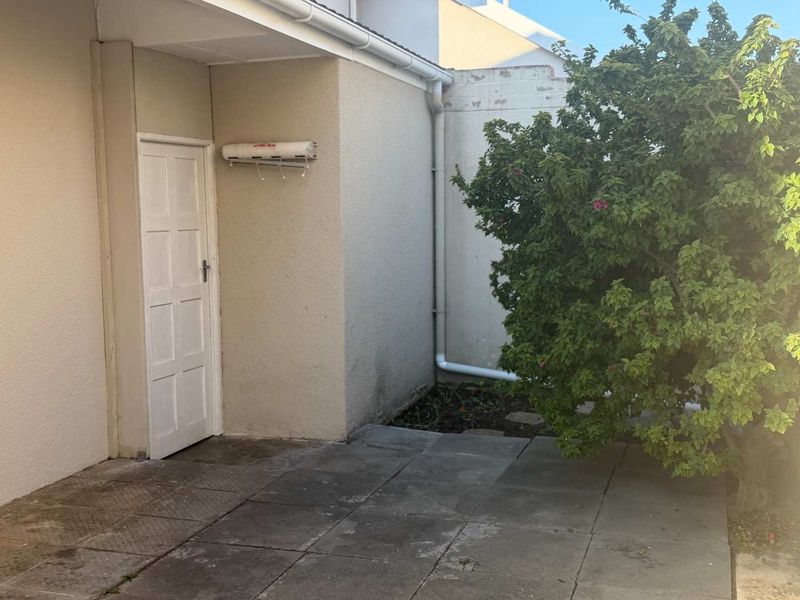 A paved rear courtyard area featuring a wall-mounted retractable clothesline and established garden shrubbery.