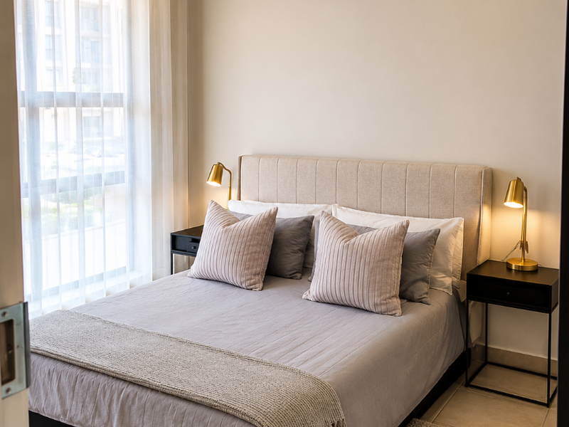 A well-maintained bedroom featuring neutral wall tones, tiled flooring, recessed downlighting, and a large window allowing for ample natural light.