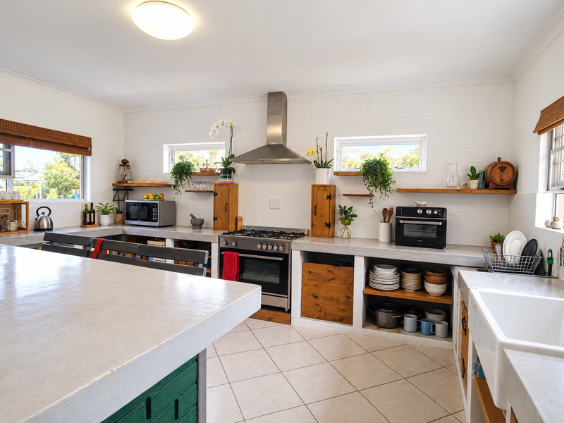 A bright, well-maintained kitchen featuring concrete countertops, a farmhouse sink, gas stove, and custom timber shelving with a clean, modern aesthetic.
