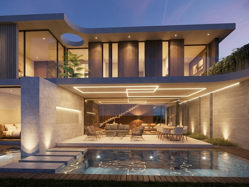 Modern luxury rear exterior featuring a swimming pool, stone facade, integrated lighting, and a spacious covered patio area.