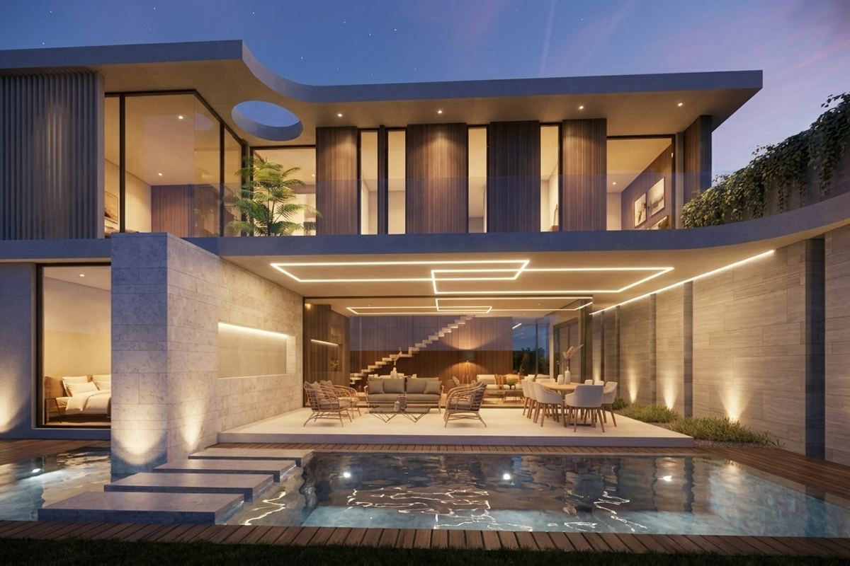 Modern luxury rear exterior featuring a swimming pool, stone facade, integrated lighting, and a spacious covered patio area.