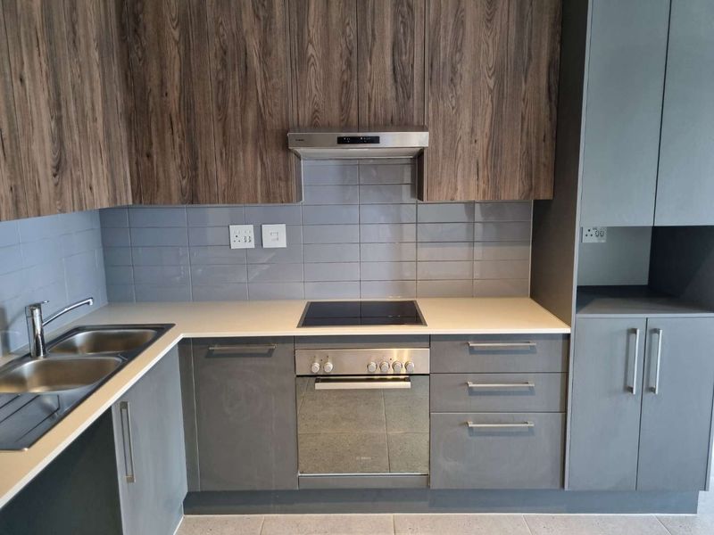 Modern kitchen featuring sleek grey cabinetry, stone countertops, integrated electric hob, oven, extractor fan, and a double bowl sink with tiled backsplash.