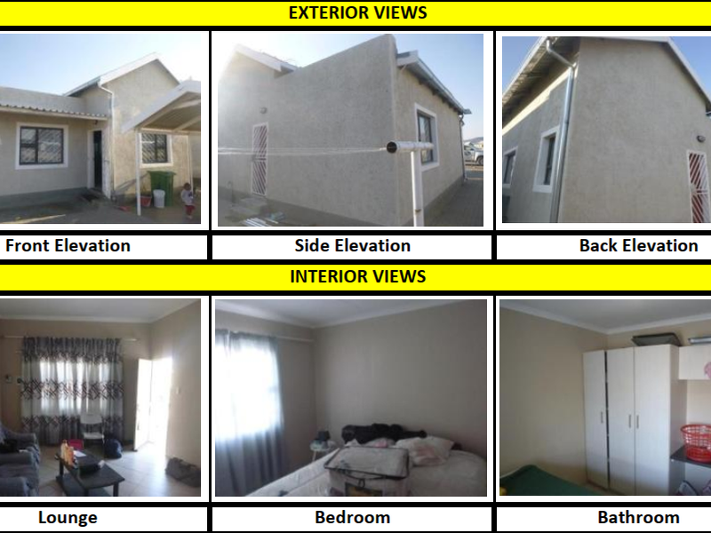 A collage of exterior and interior views of a townhouse property, showcasing the facade, kitchen, living area, bedroom, and bathroom.