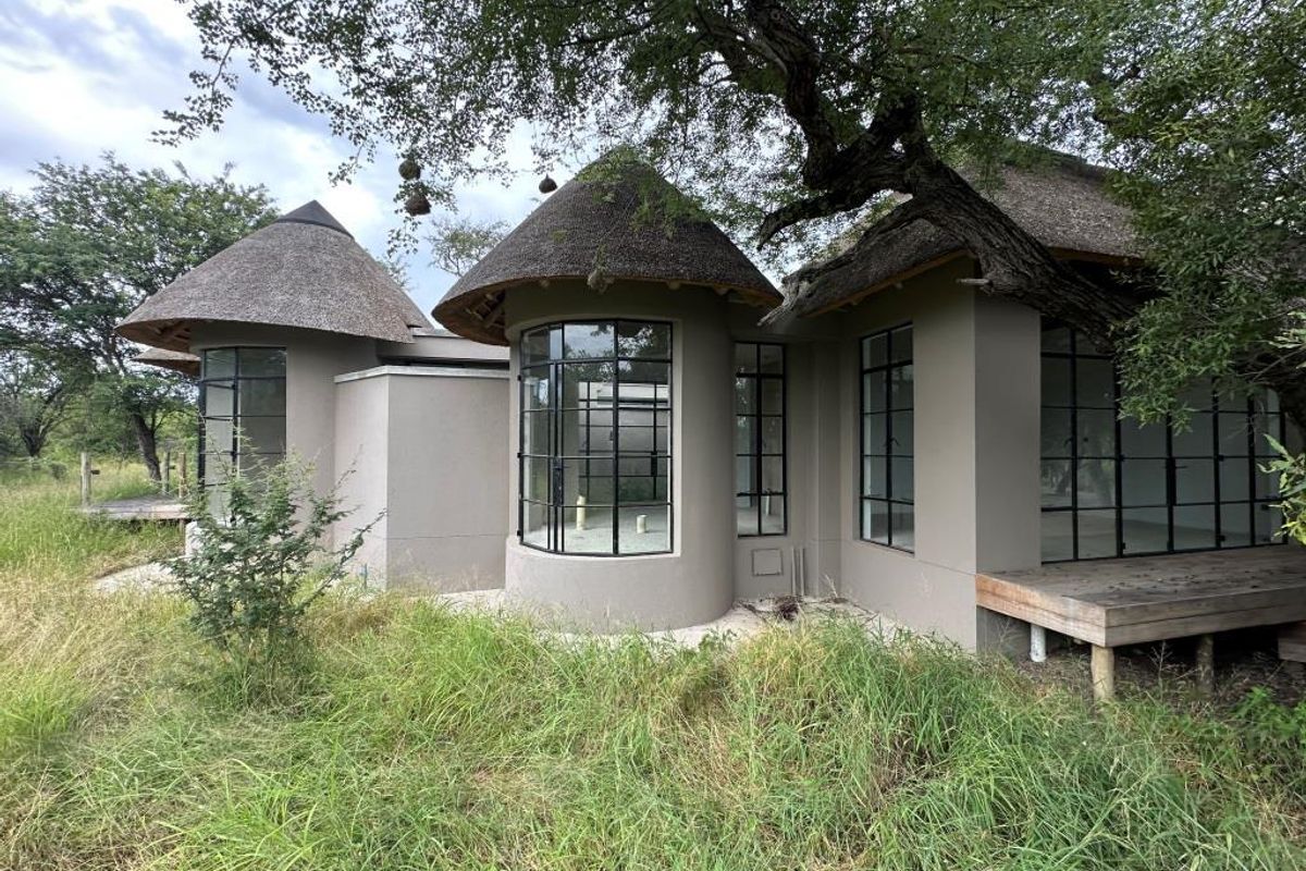 Exterior view of a unique architectural home featuring thatched roofs, curved walls, and large steel-framed windows set within a natural bushveld environment.